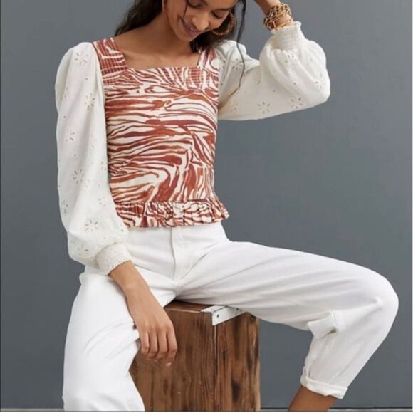 Anthropologie Love The Label Smocked Eyelet Puff Balloon Sleeve Blouse NWT PL - Picture 2 of 13